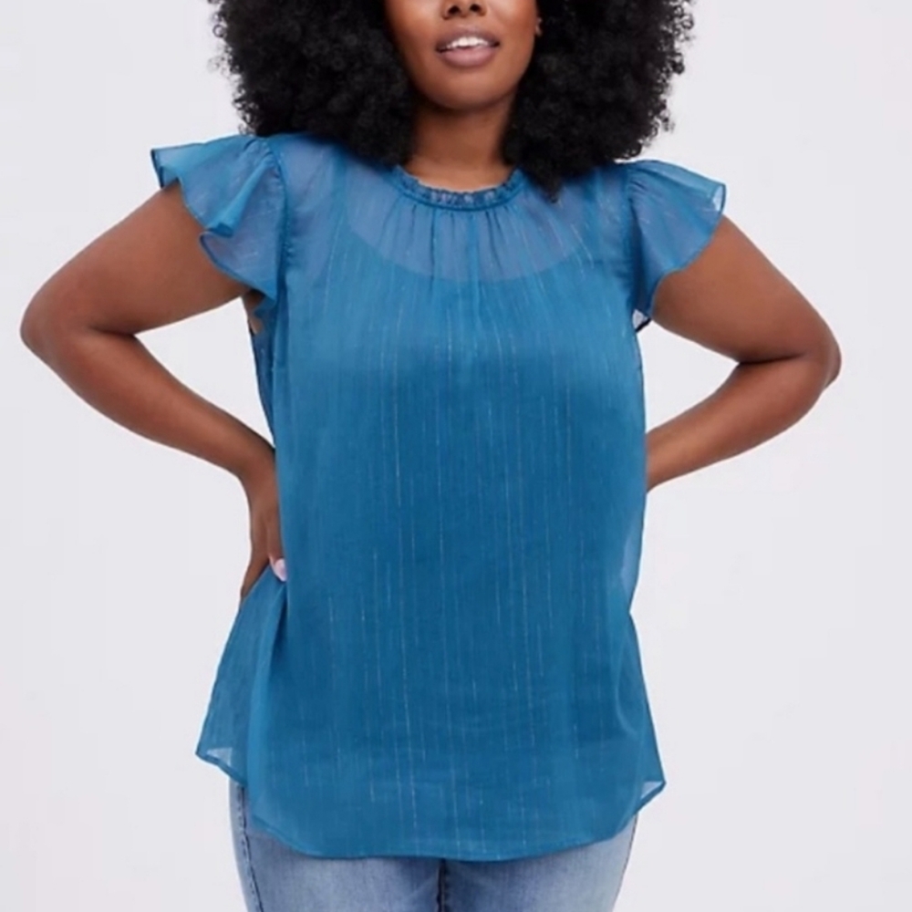 NWT Torrid Mock Neck Blue Chiffon Top Plus Size 2X 18/20 Sheer Shimmer